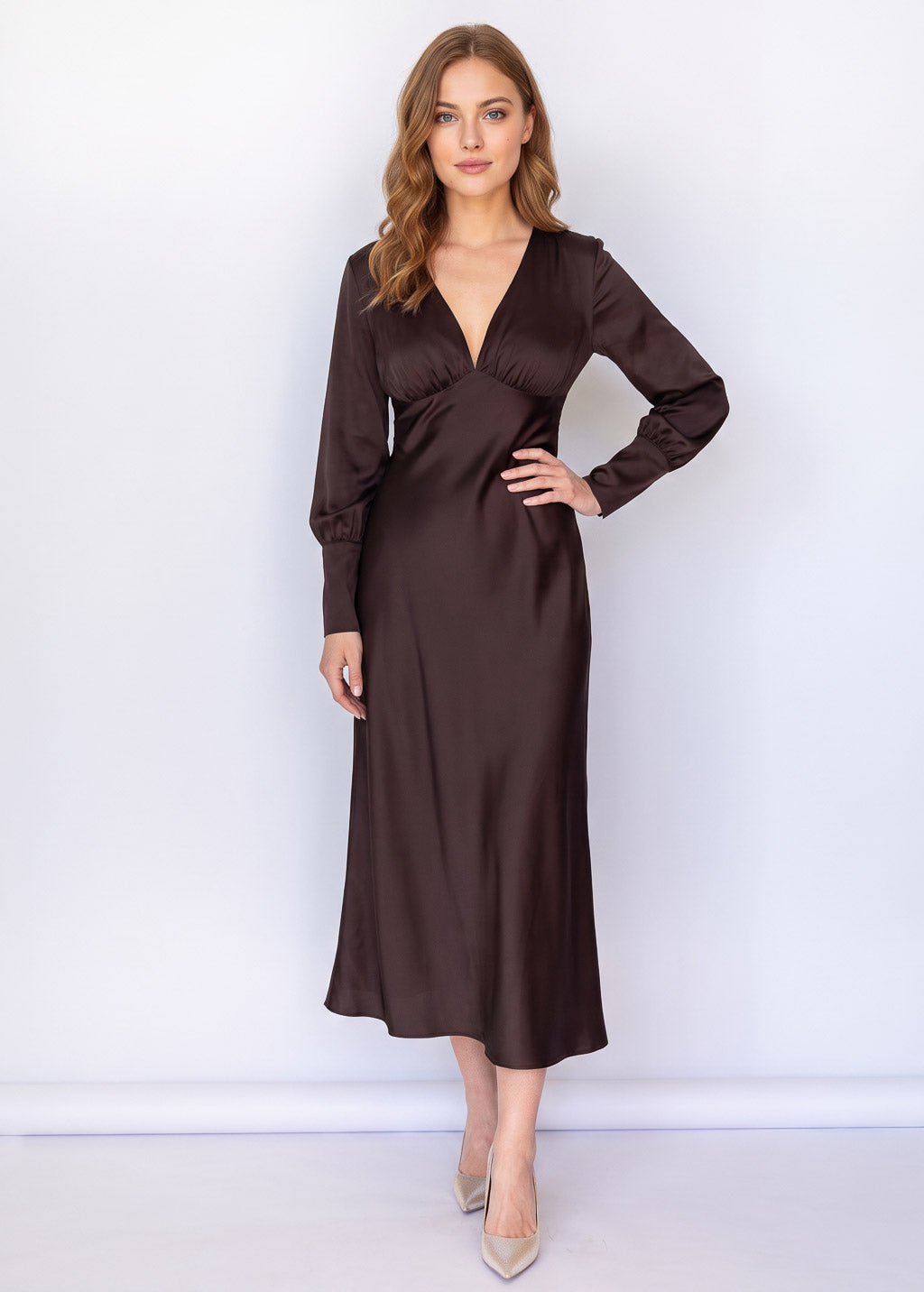 Chocolate Brown Silk Long Sleeve Midi Dress