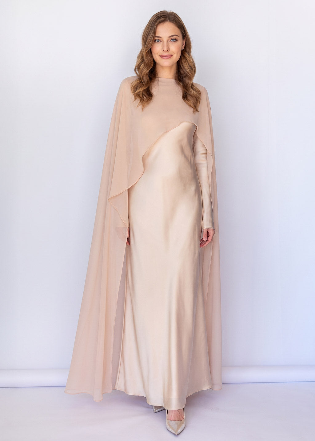 Bias Cut Light Champagne Maxi Silk Dress with Long Sleeves & Detachable Cape