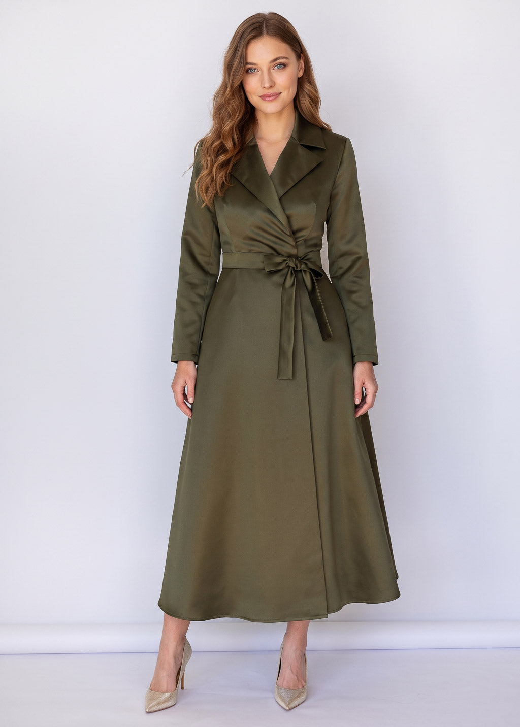 Dark Olive Luxury Satin Wrap Midi Dress