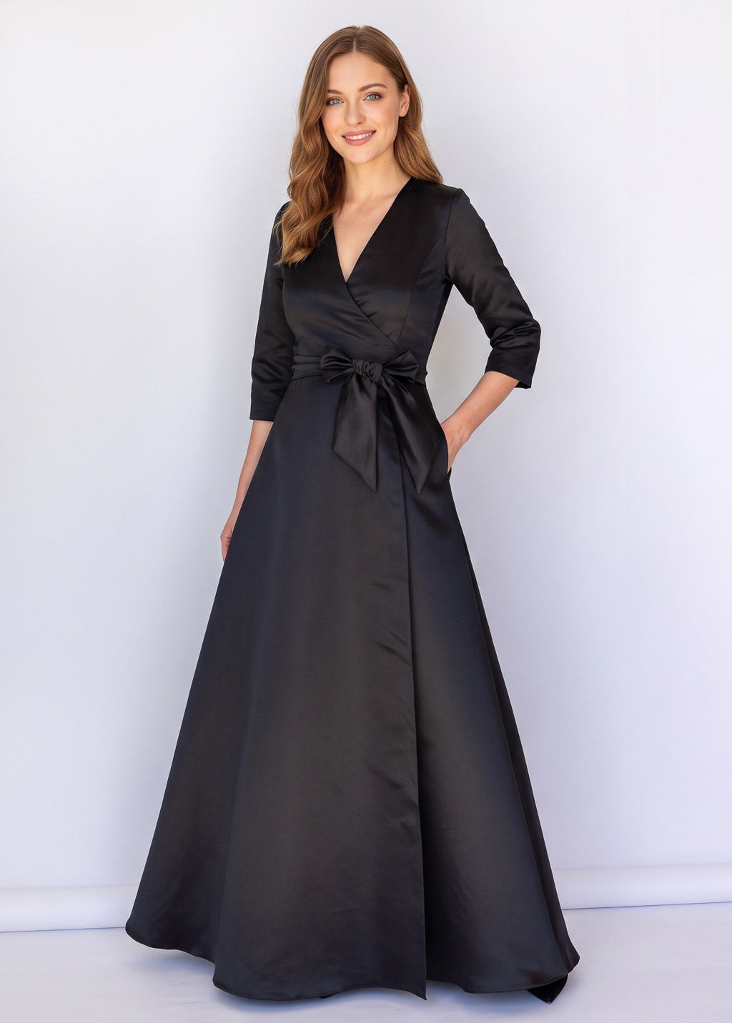 Black Luxury Satin Long Wrap Dress