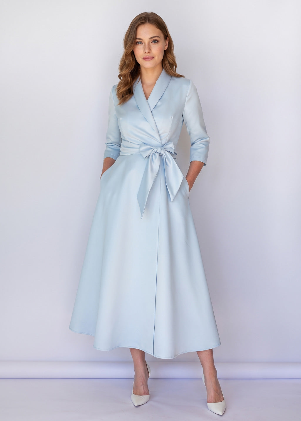 Dusty Blue Luxury Satin Midi Wrap Dress