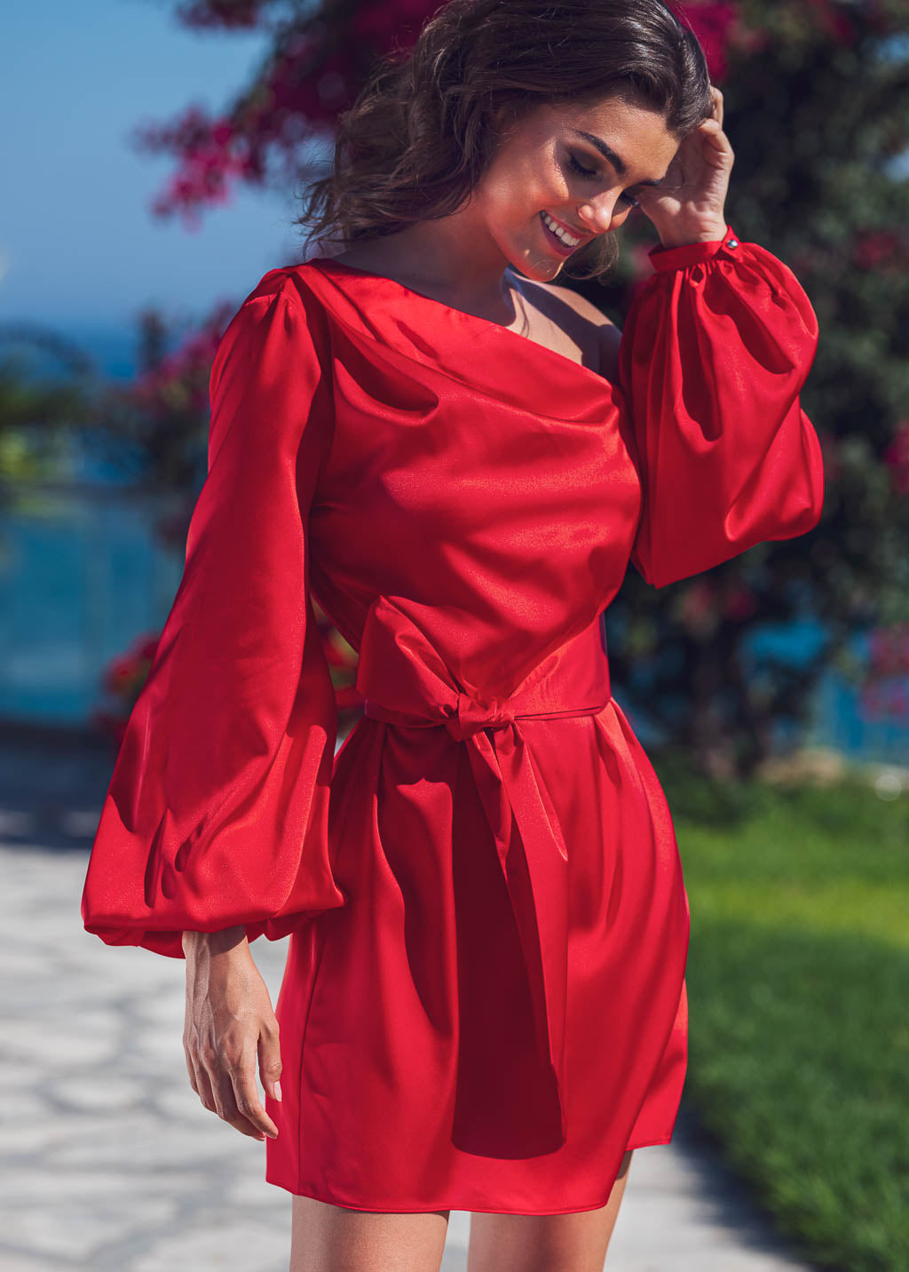 Red open shoulder silk dress with belt