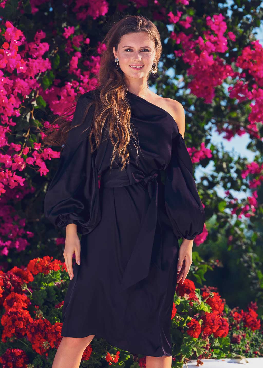 Black open shoulder silk dress with belt