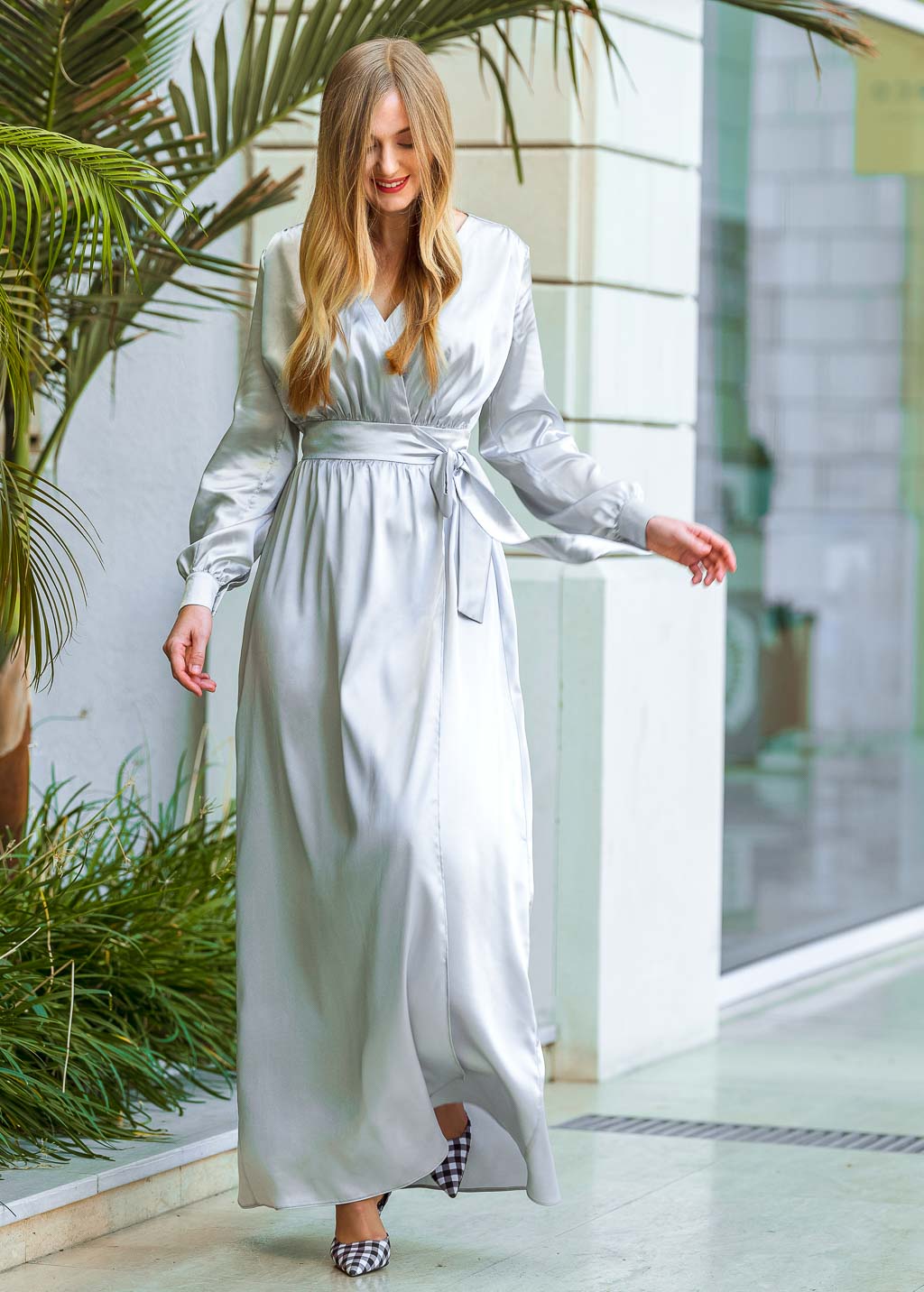 silver satin wrap dress Silver grey silk long wrap dress