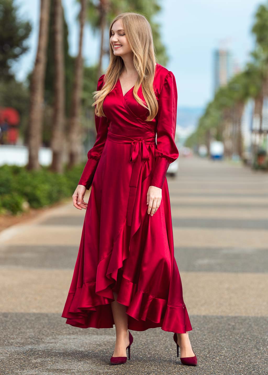 Burgundy long wrap dress
