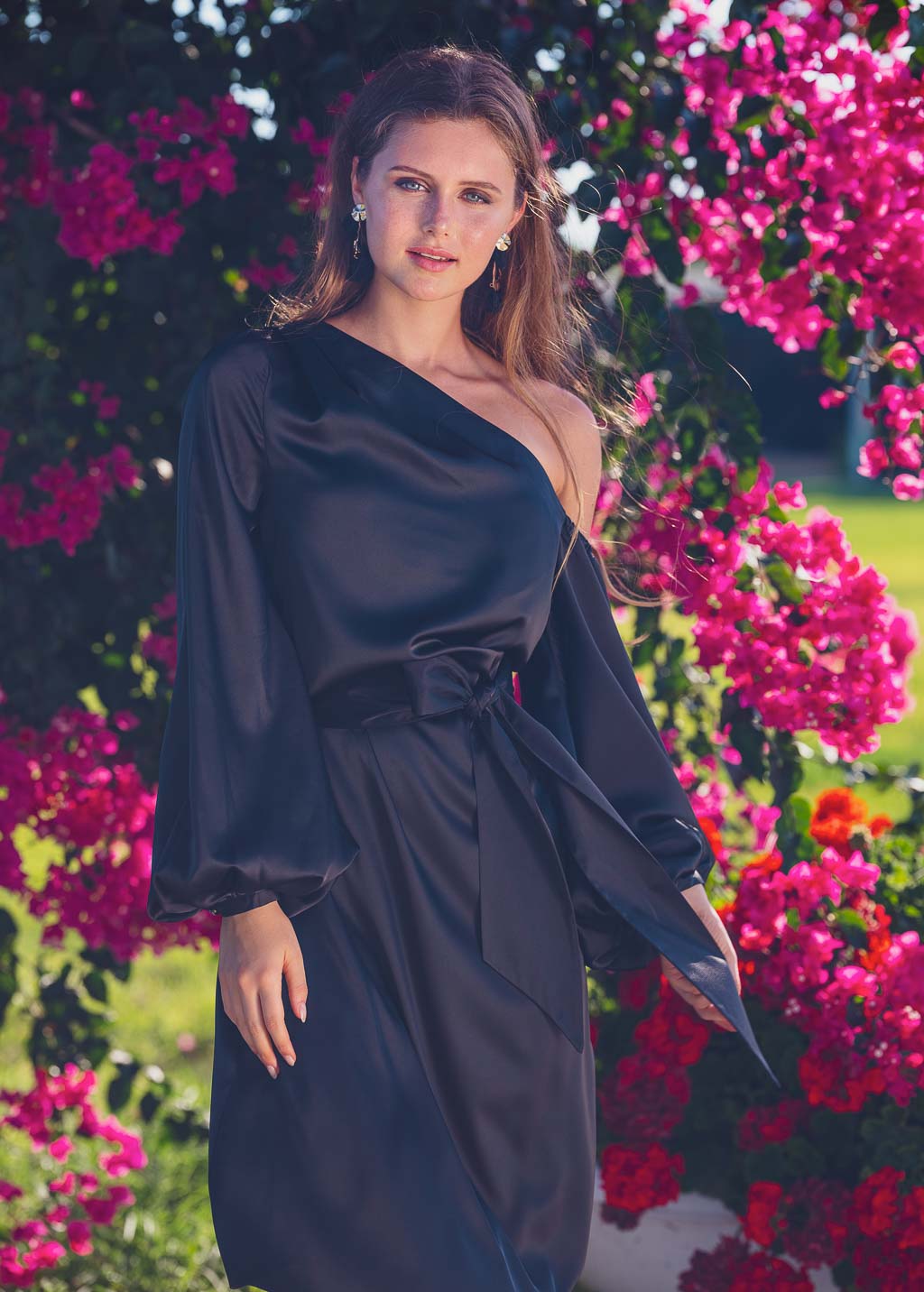 Black open shoulder silk dress with belt