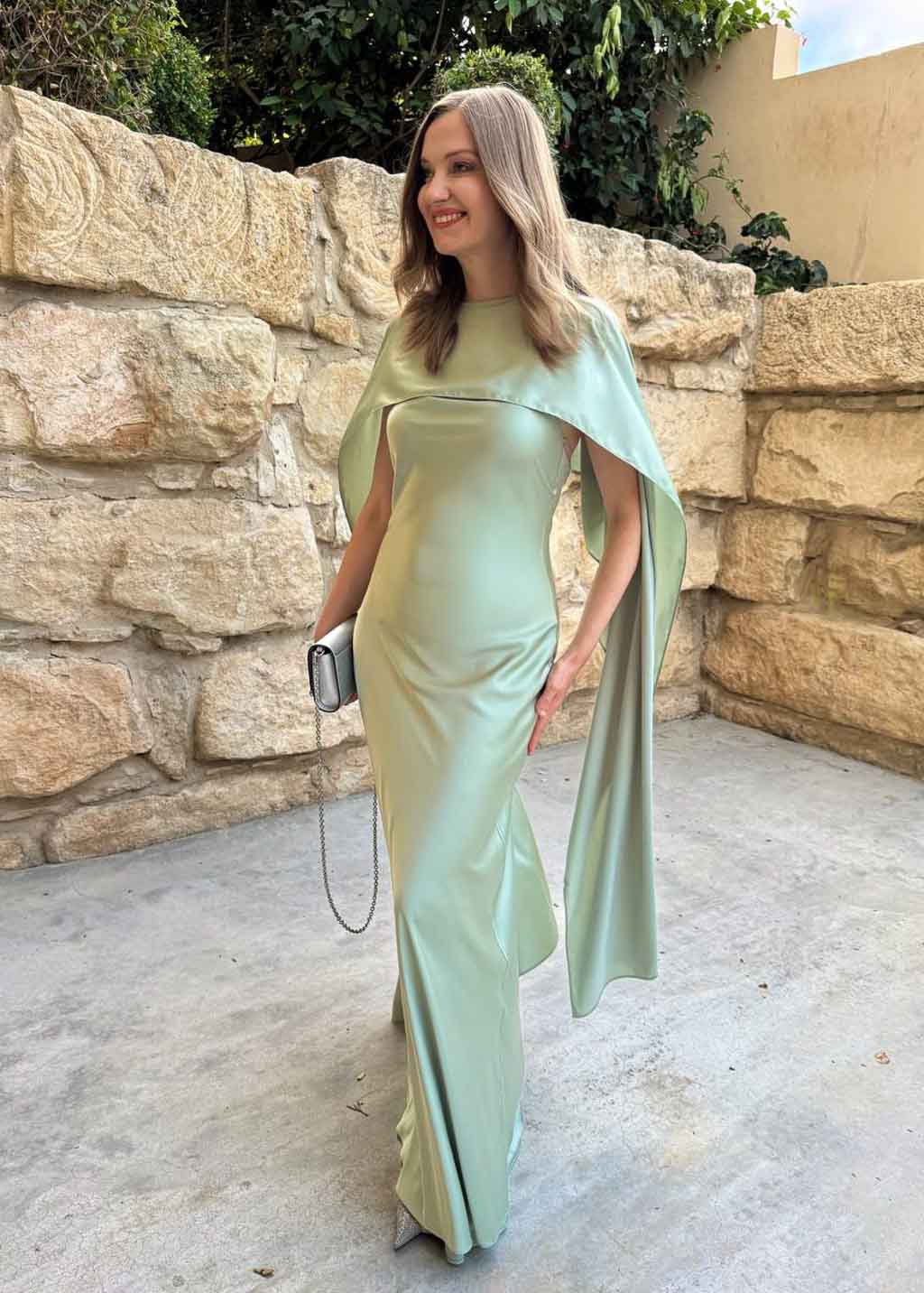 Light Sage Silk Dress & Detachable Cape
