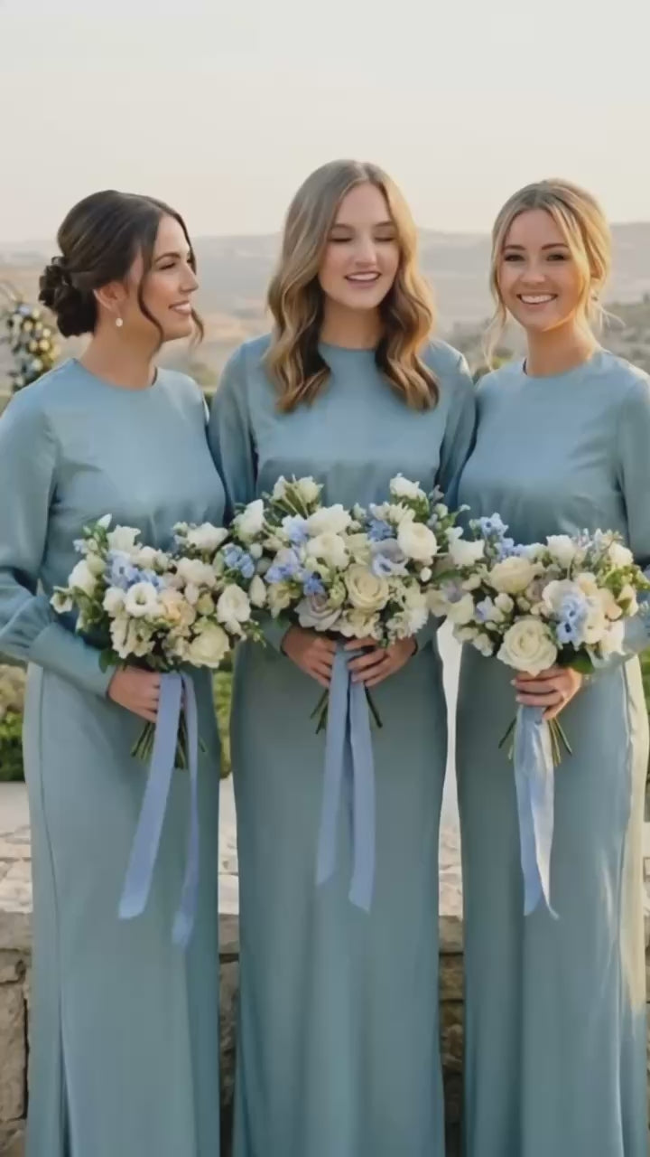 Dusty Blue Silk Bridesmaid Dress with long sleeves