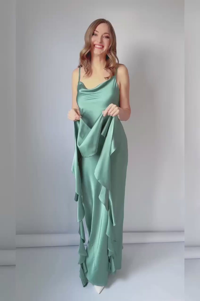 Sage Green Bias Cut Silk Satin Maxi Dress with Scarf