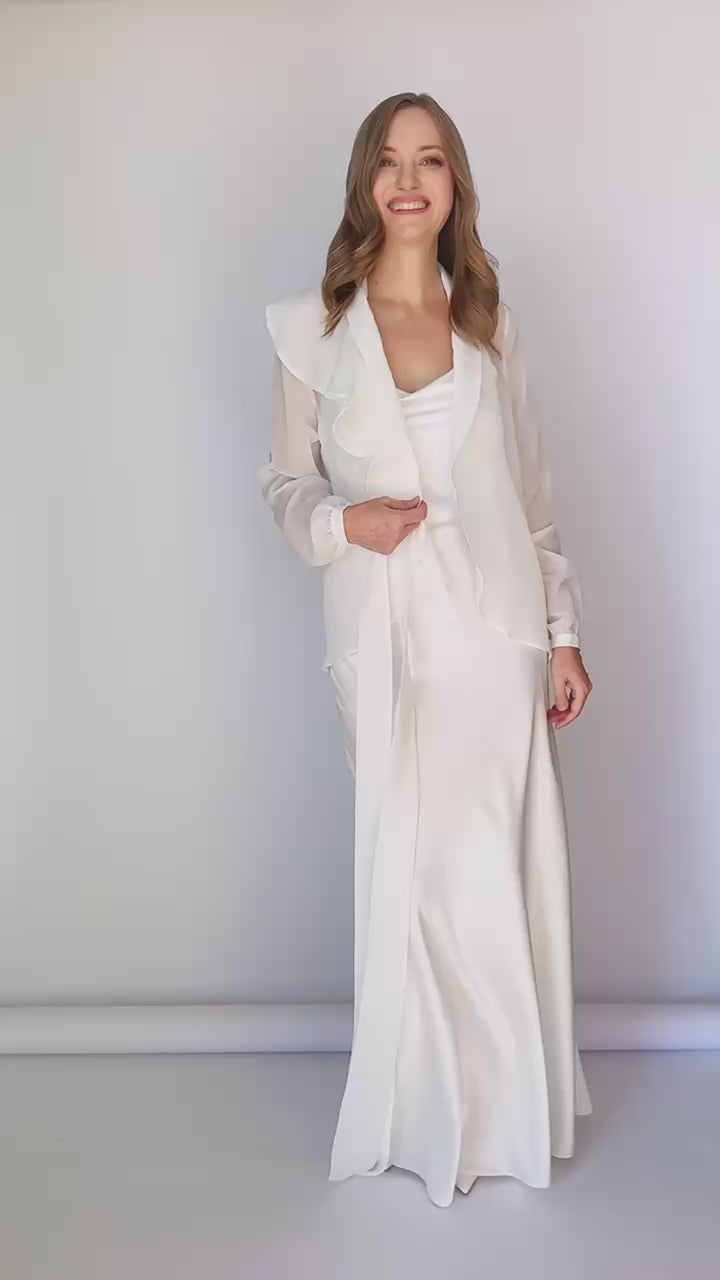 Ivory Bias Cut Silk Satin Maxi Dress with Chiffon Blouse