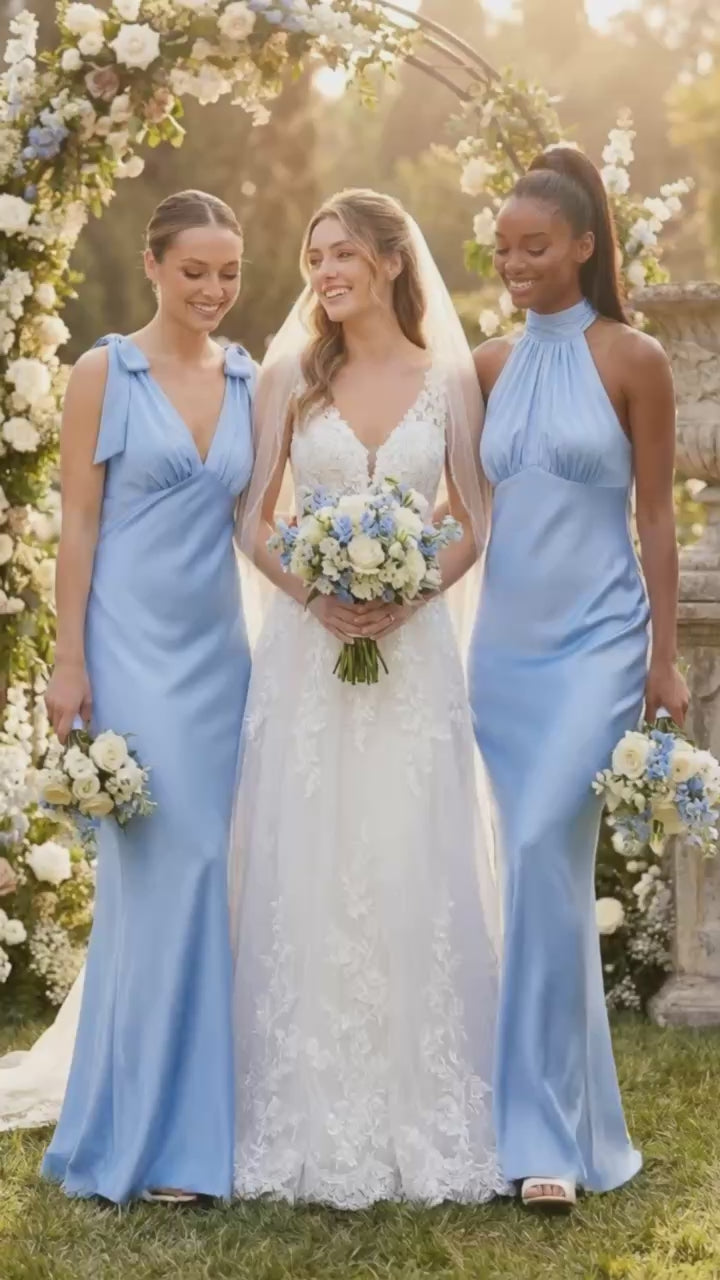 Sky blue silk halter bridesmaid dress