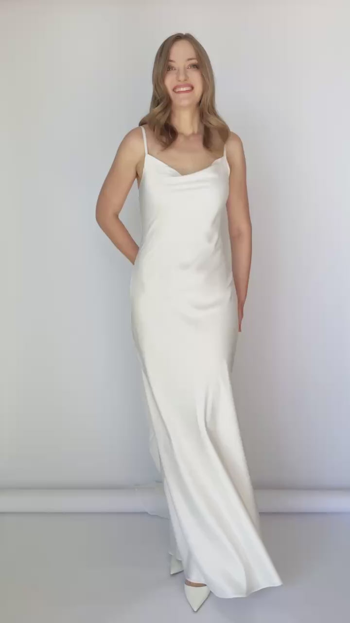 Ivory Bias Cut Silk Satin Maxi Dress with Chiffon Cape