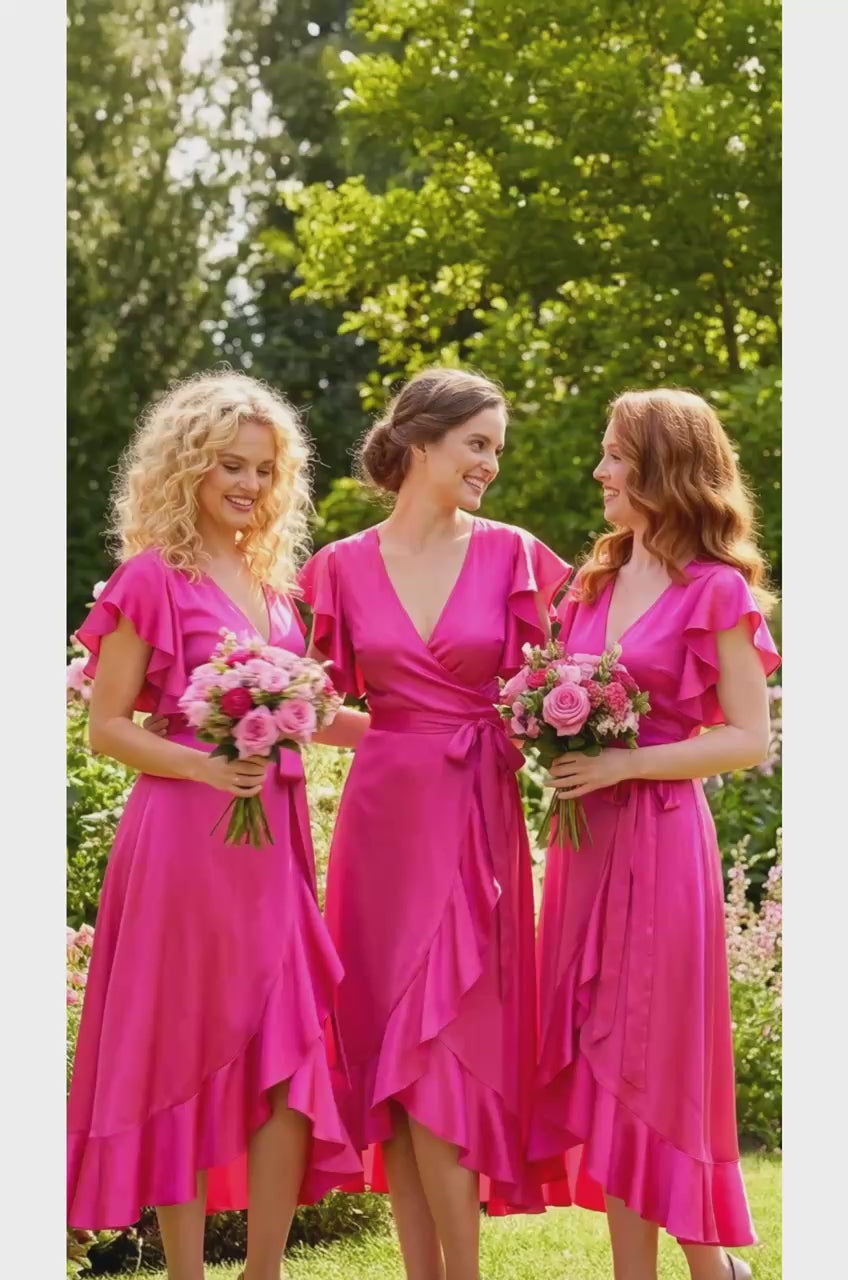 Hot Pink Silk Wrap Bridesmaid Dresses