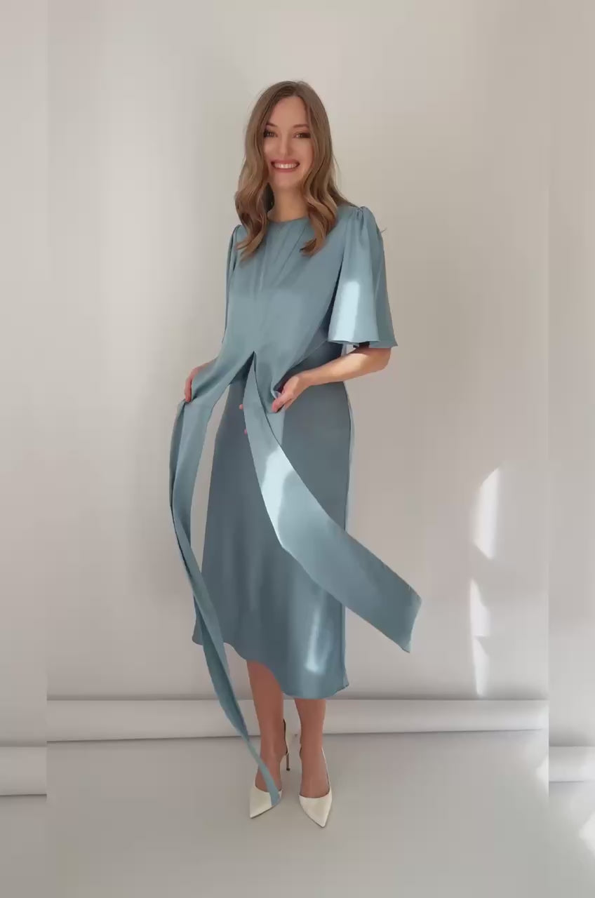 Silk midi dress in Dusty Blue with flutter sleeves and versatile belt tie