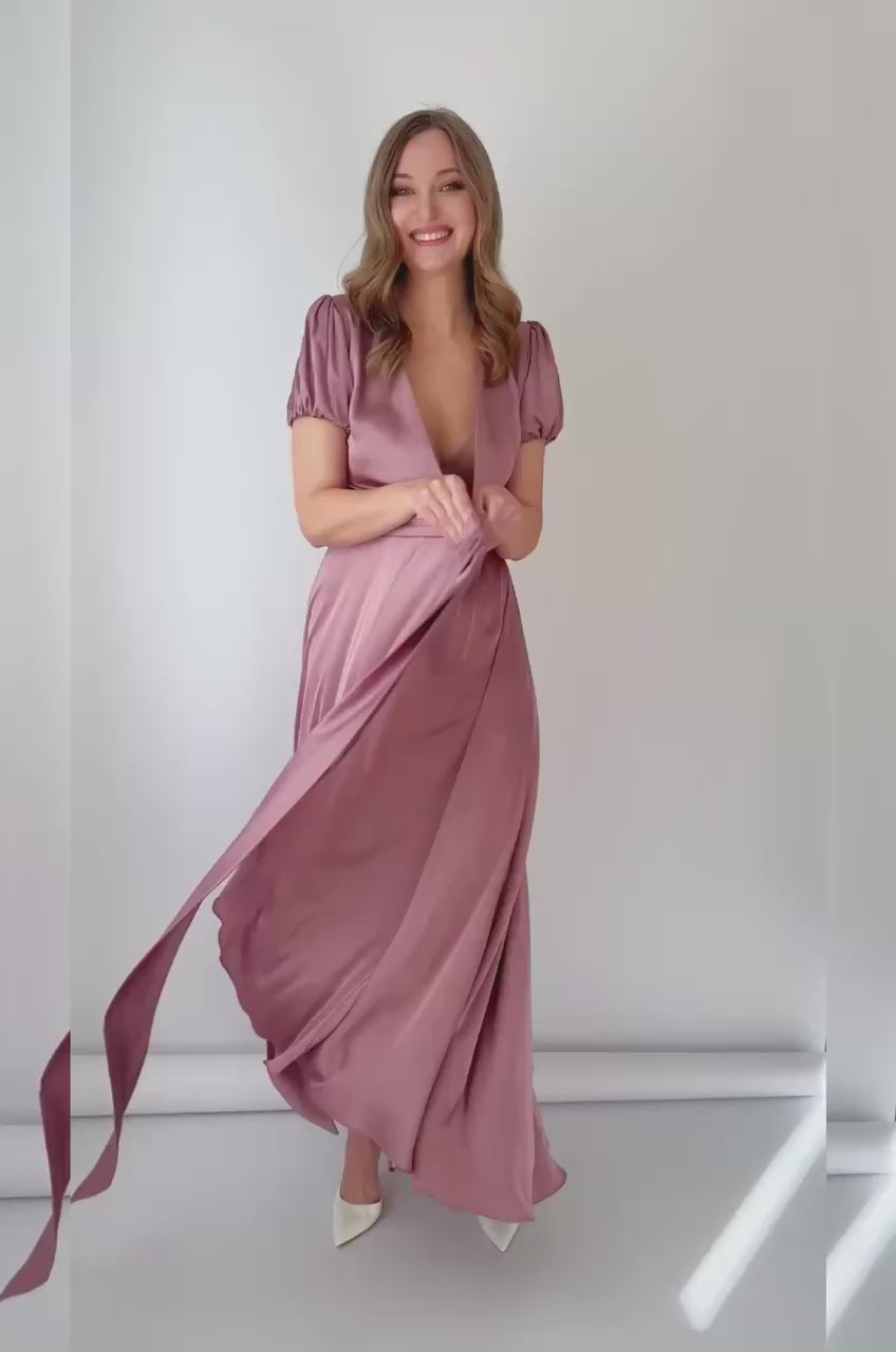 Champagne Rose Silk Wrap Dress with Puff Sleeve