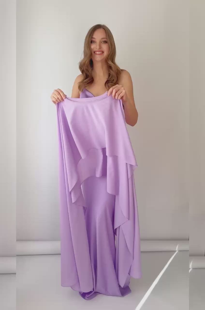Lilac Bias Cut Silk Satin Maxi Dress with Chiffon Cape