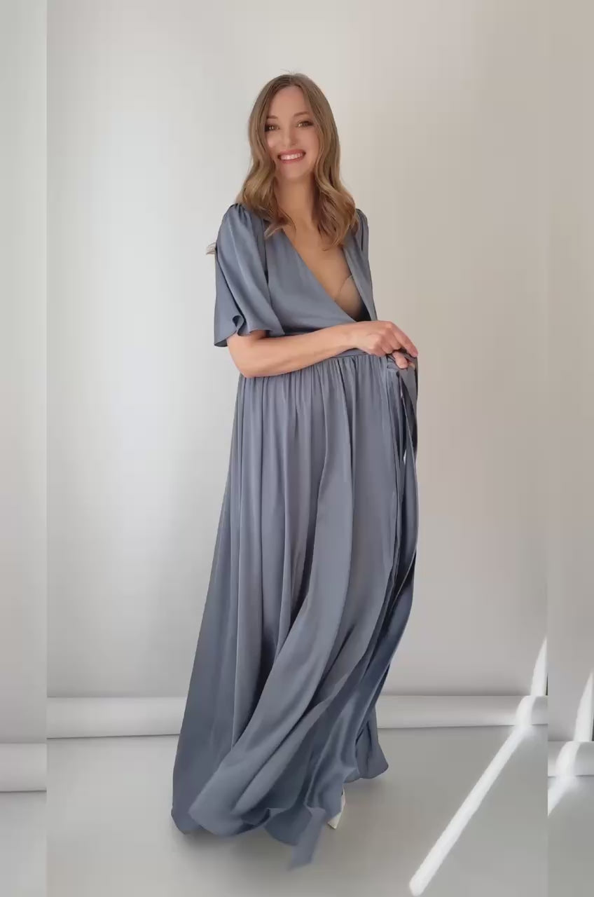 Grey Silk Wrap Dress with Flutter Sleeve & Pleated Skirt