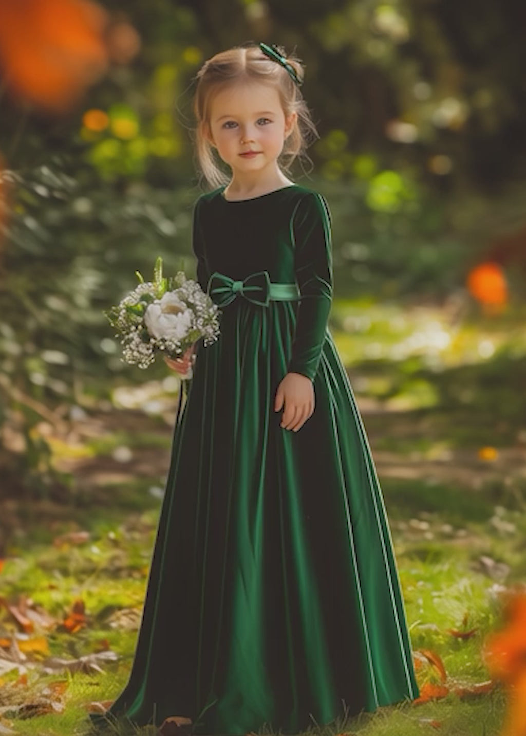 Velvet emerald green flower girl dress