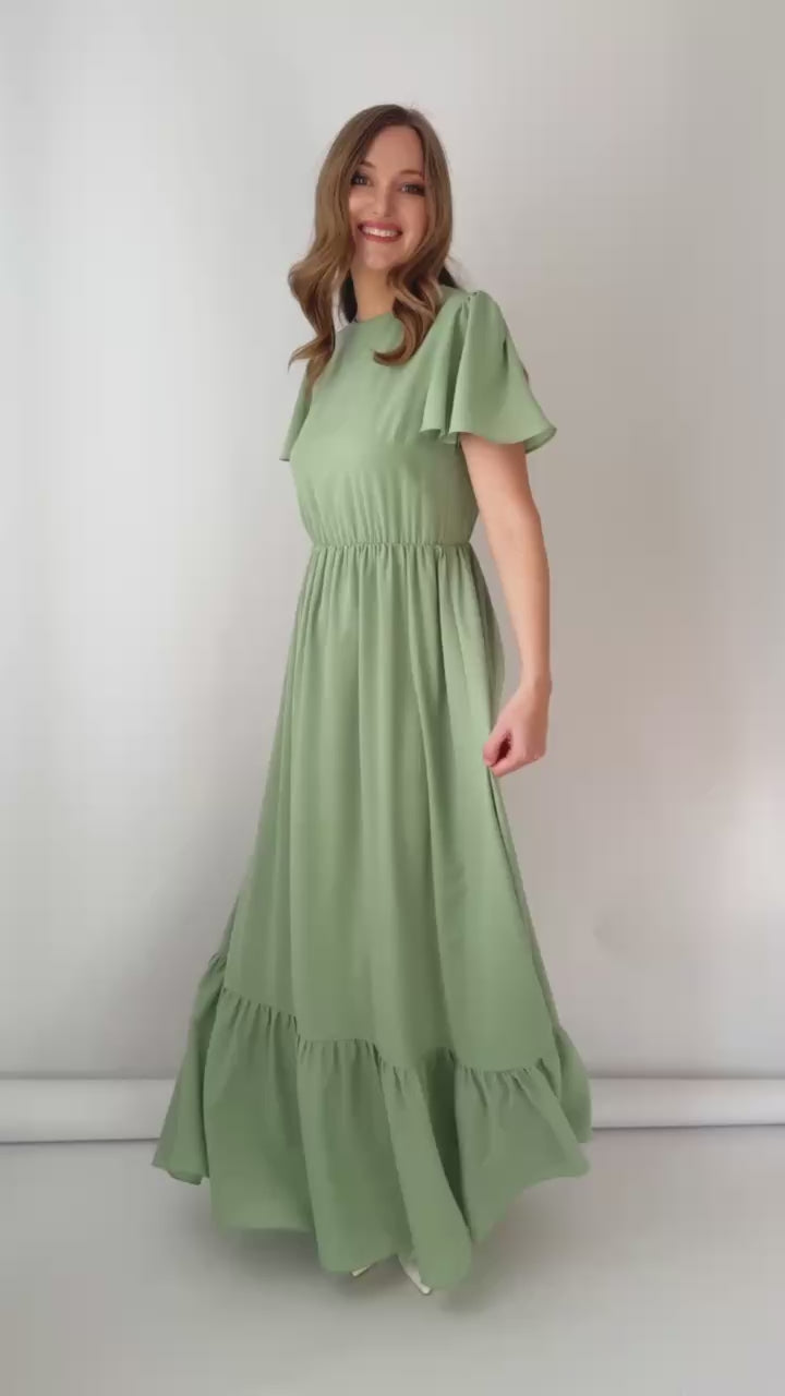 Sage Green Flutter Sleeve Maxi Dress with Sash Belt