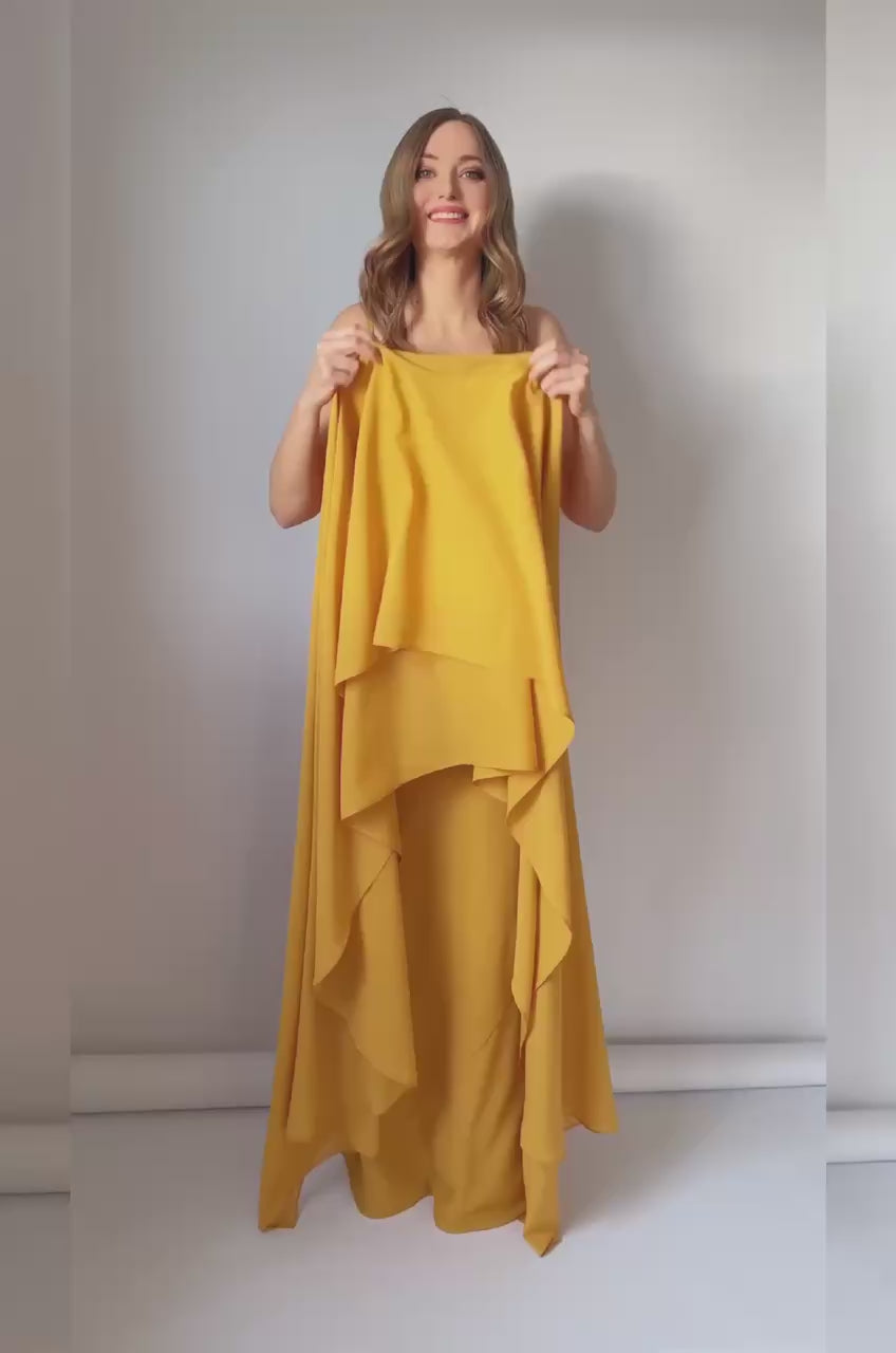 Gold Chiffon Cape Maxi Dress