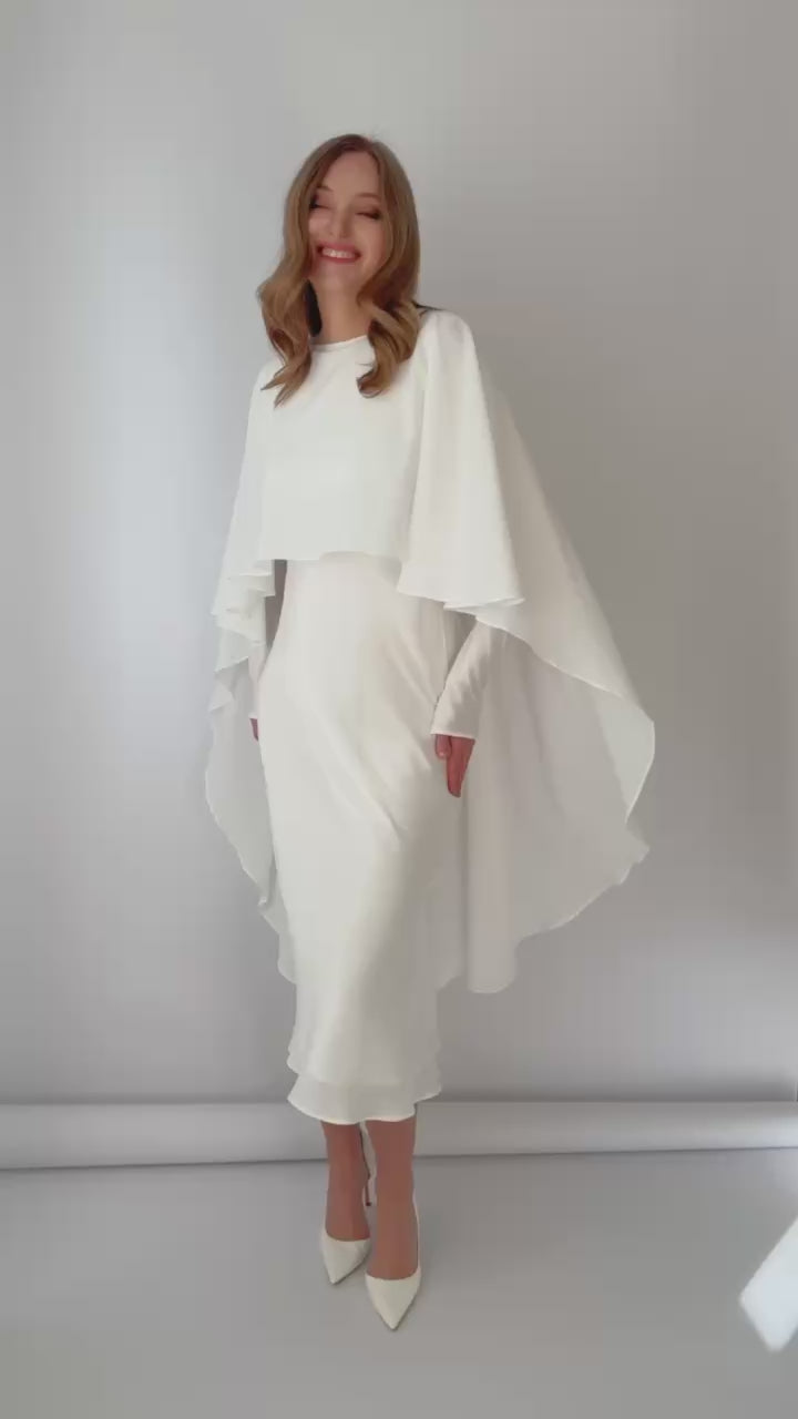 Ivory Silk Wedding Dress with Detachable Chiffon Cape
