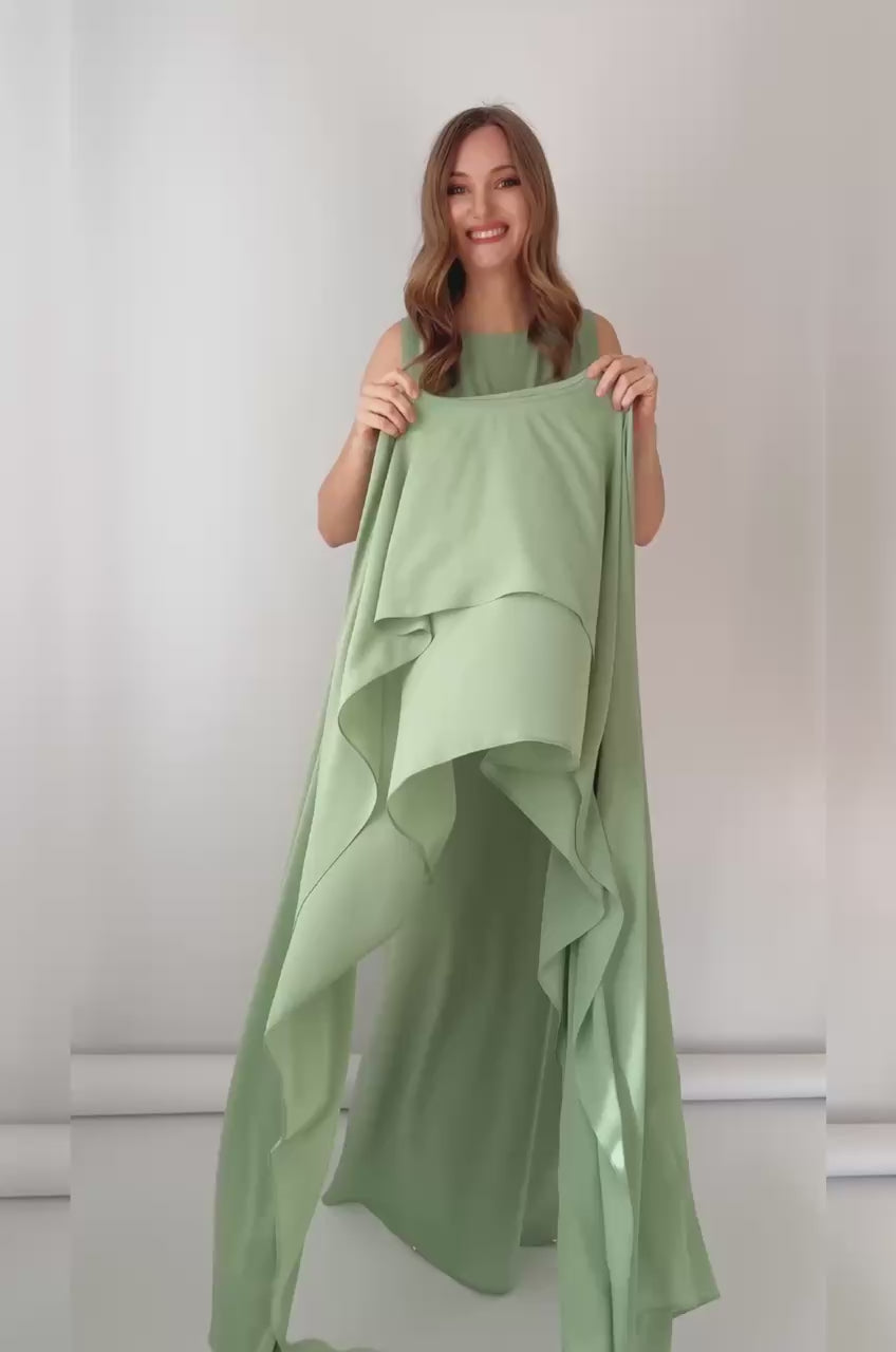 Sage Green Chiffon Long Dress with Cape