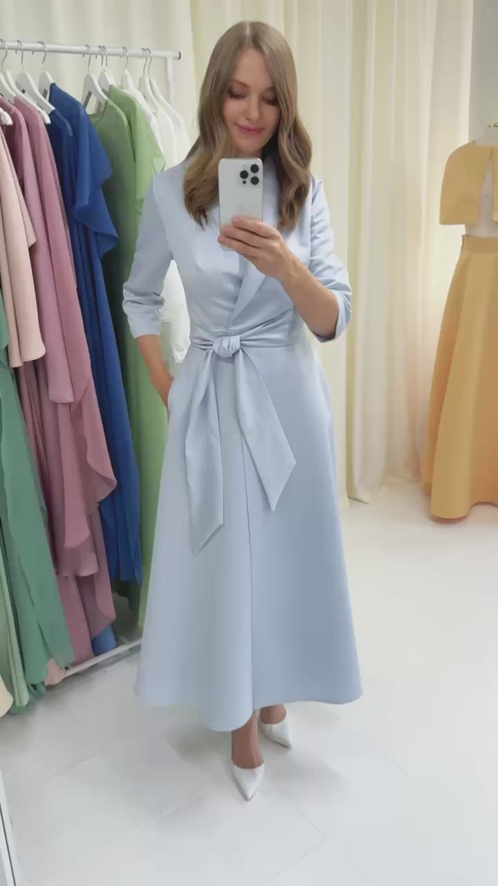 Dusty Blue Luxury Satin Midi Wrap Dress