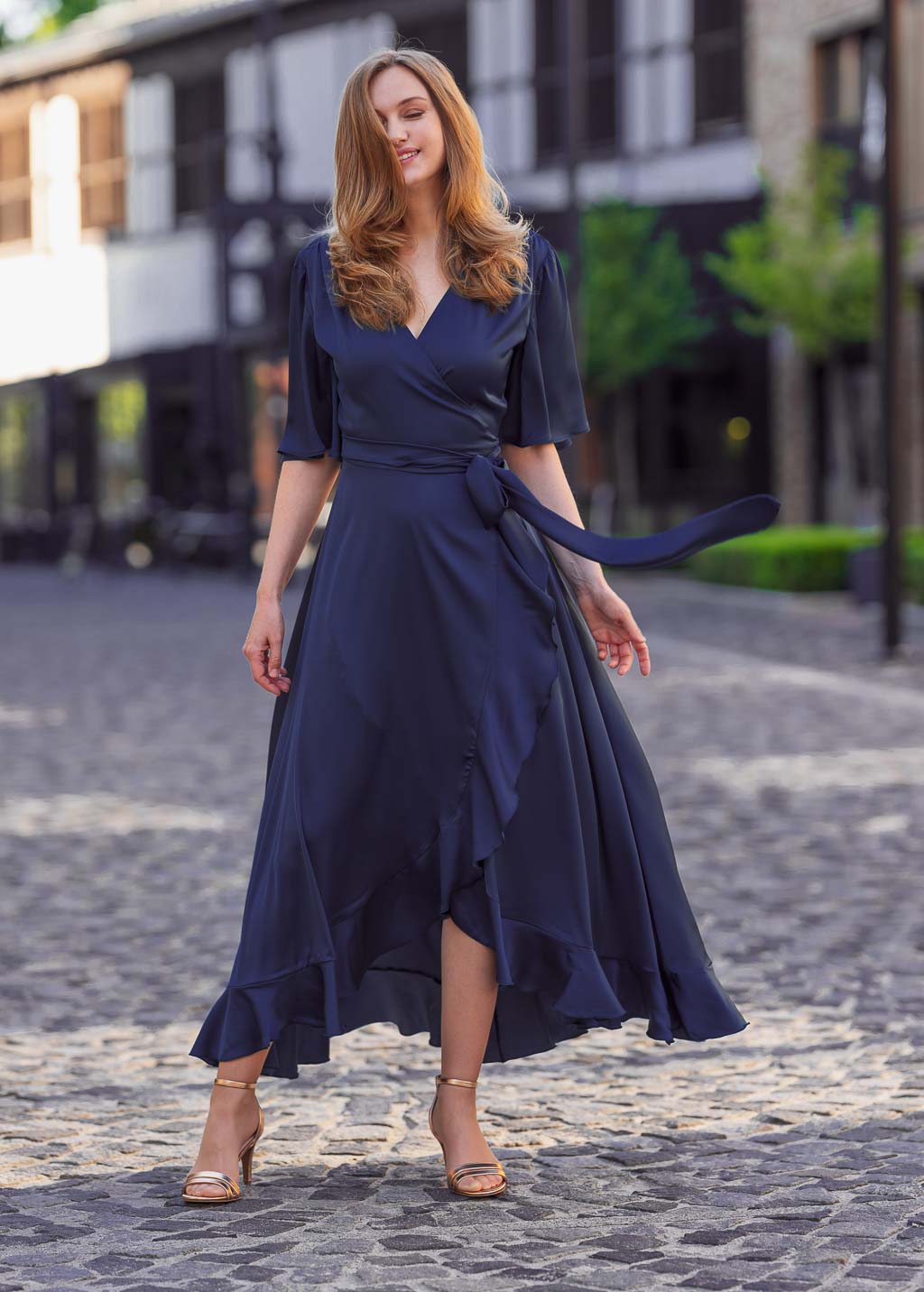 Navy blue wrap silk dress