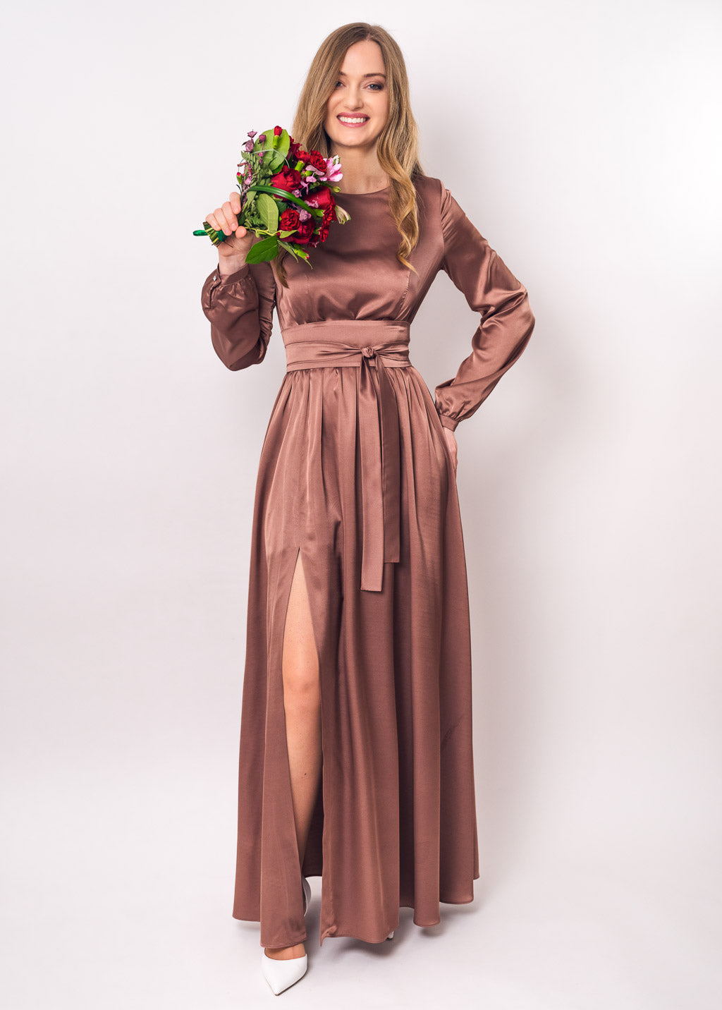 Cappuccino brown slit silk dress with belt
