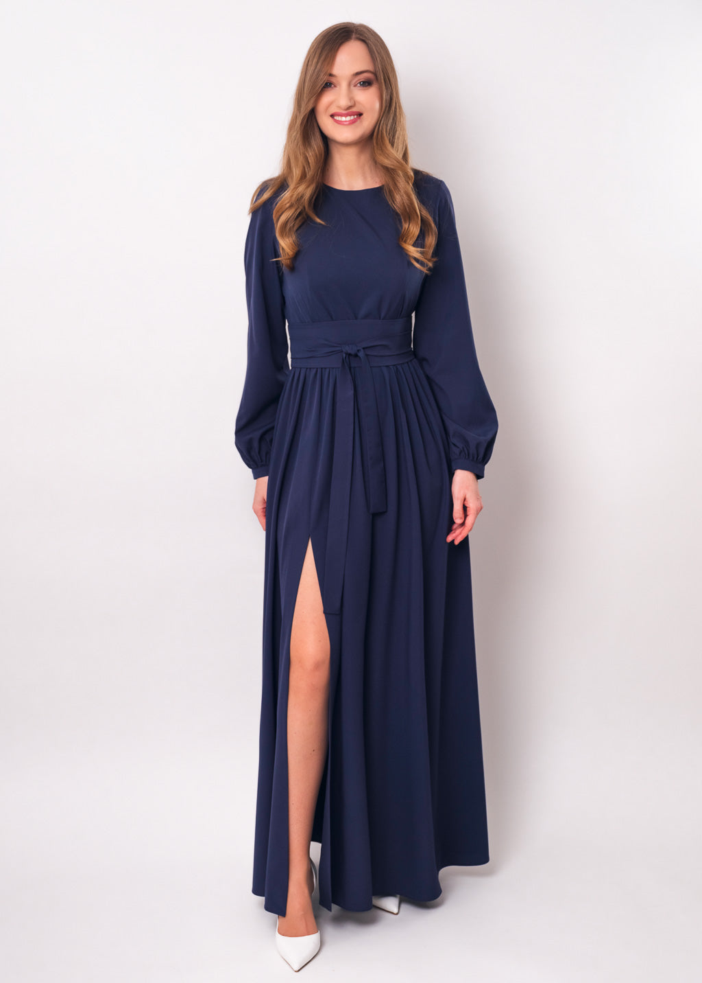 Navy blue long dress with belt