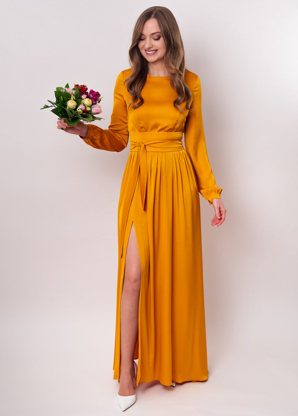 Gold long silk dress with belt