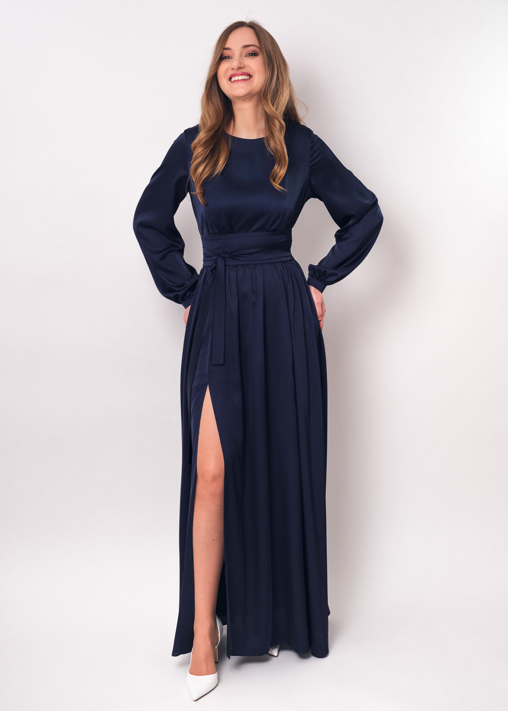 Navy blue slit silk dress with belt