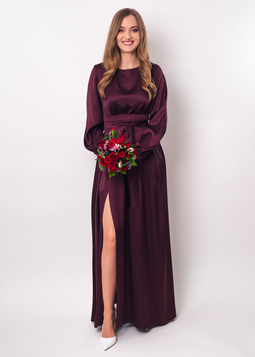 Dark burgundy long silk dress with belt