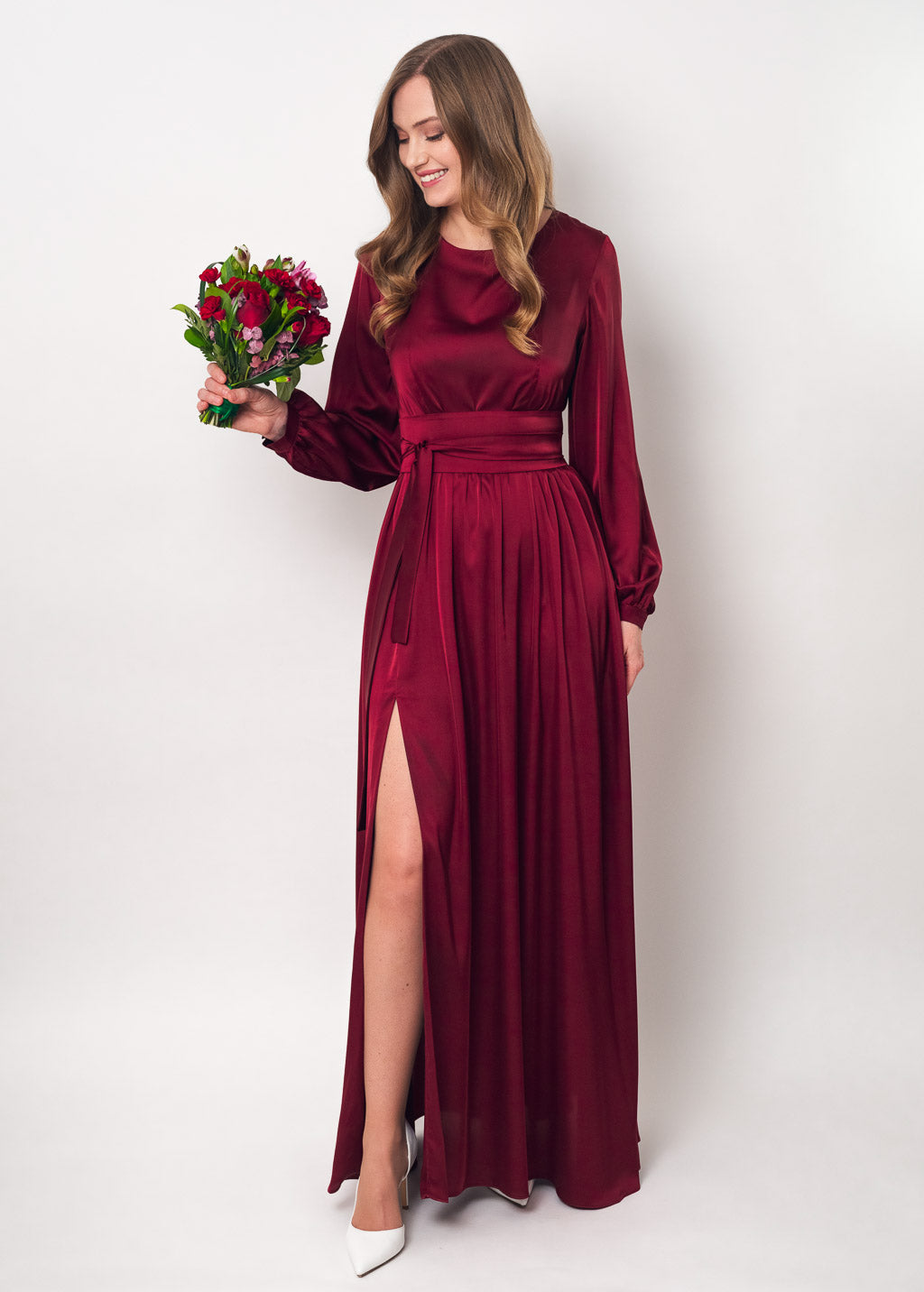 Burgundy long silk dress with belt