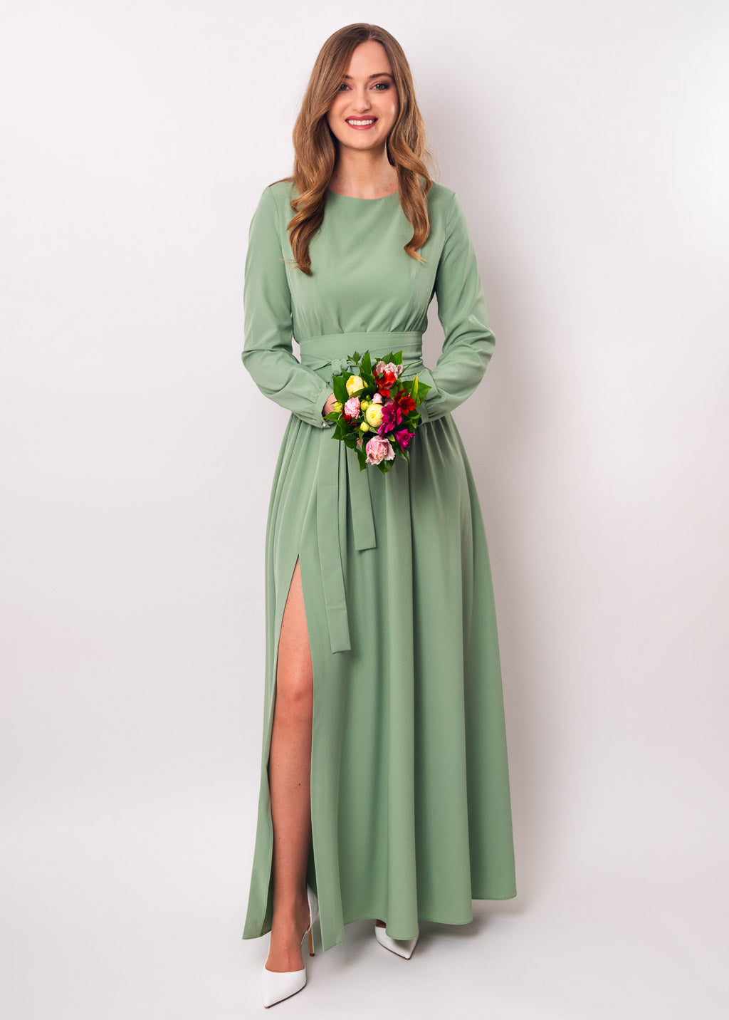 Sage green long dress with belt