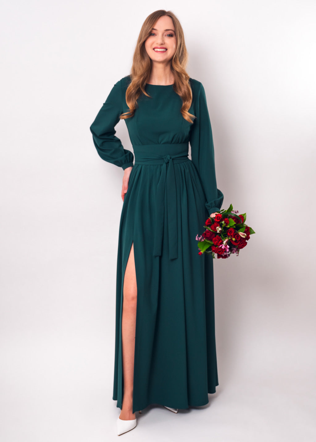 Dark green long dress with belt