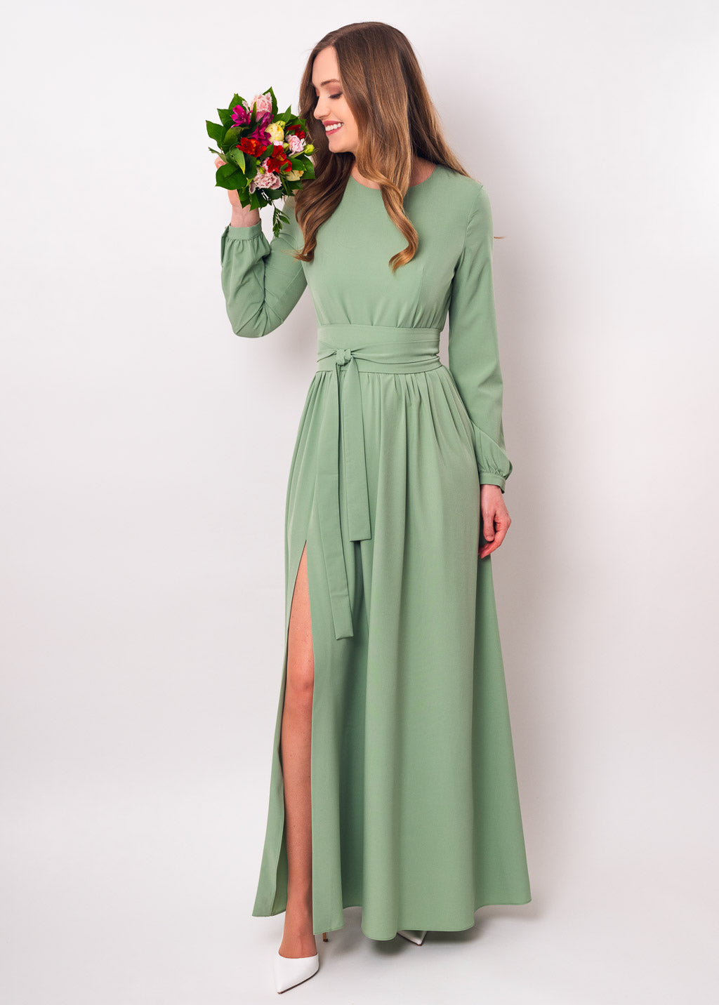 Sage green slit dress with belt