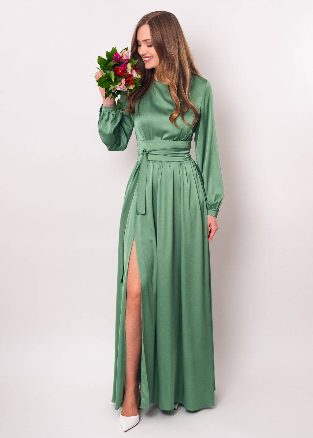 Olive green slit silk dress with belt