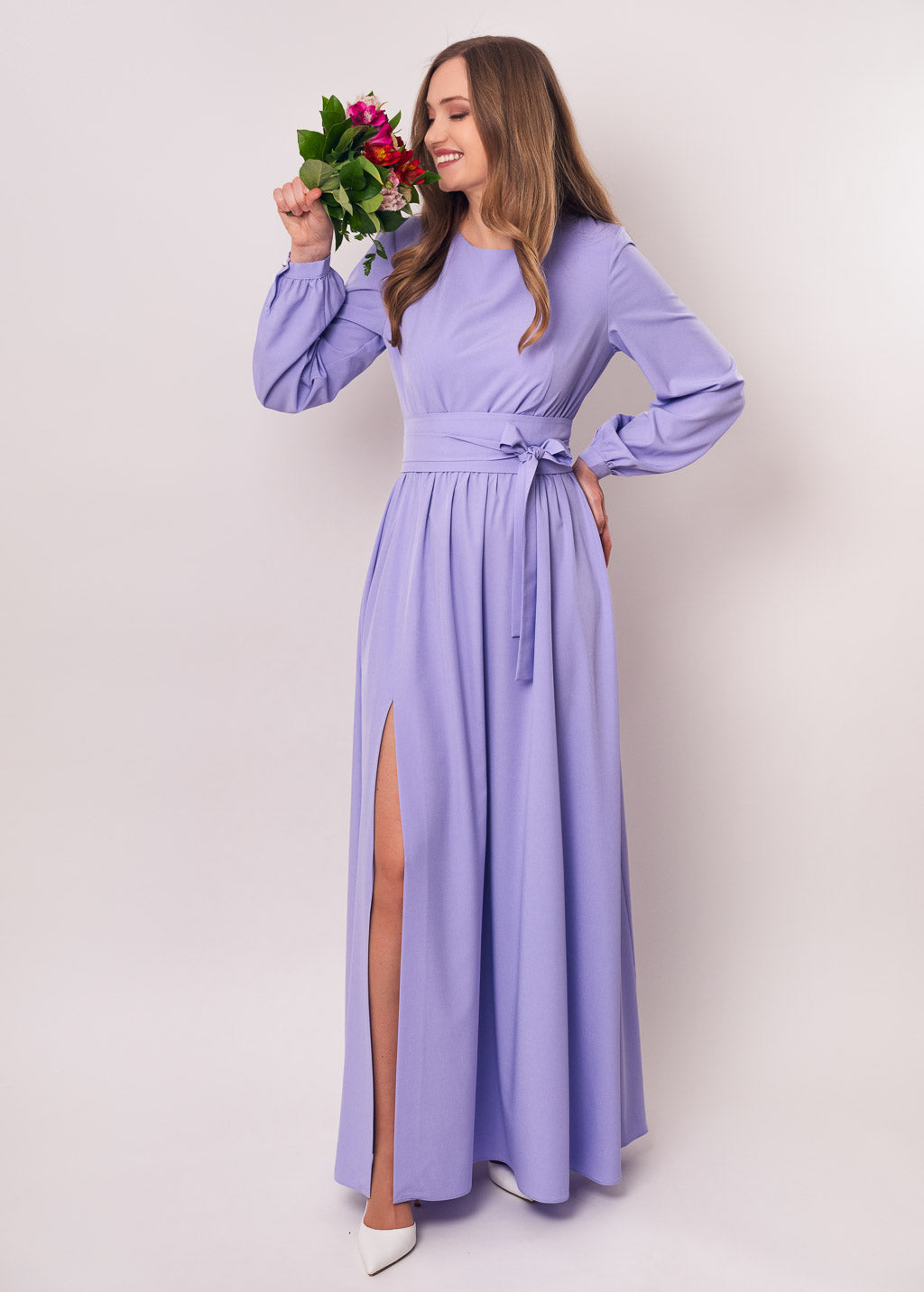Light purple slit dress with belt