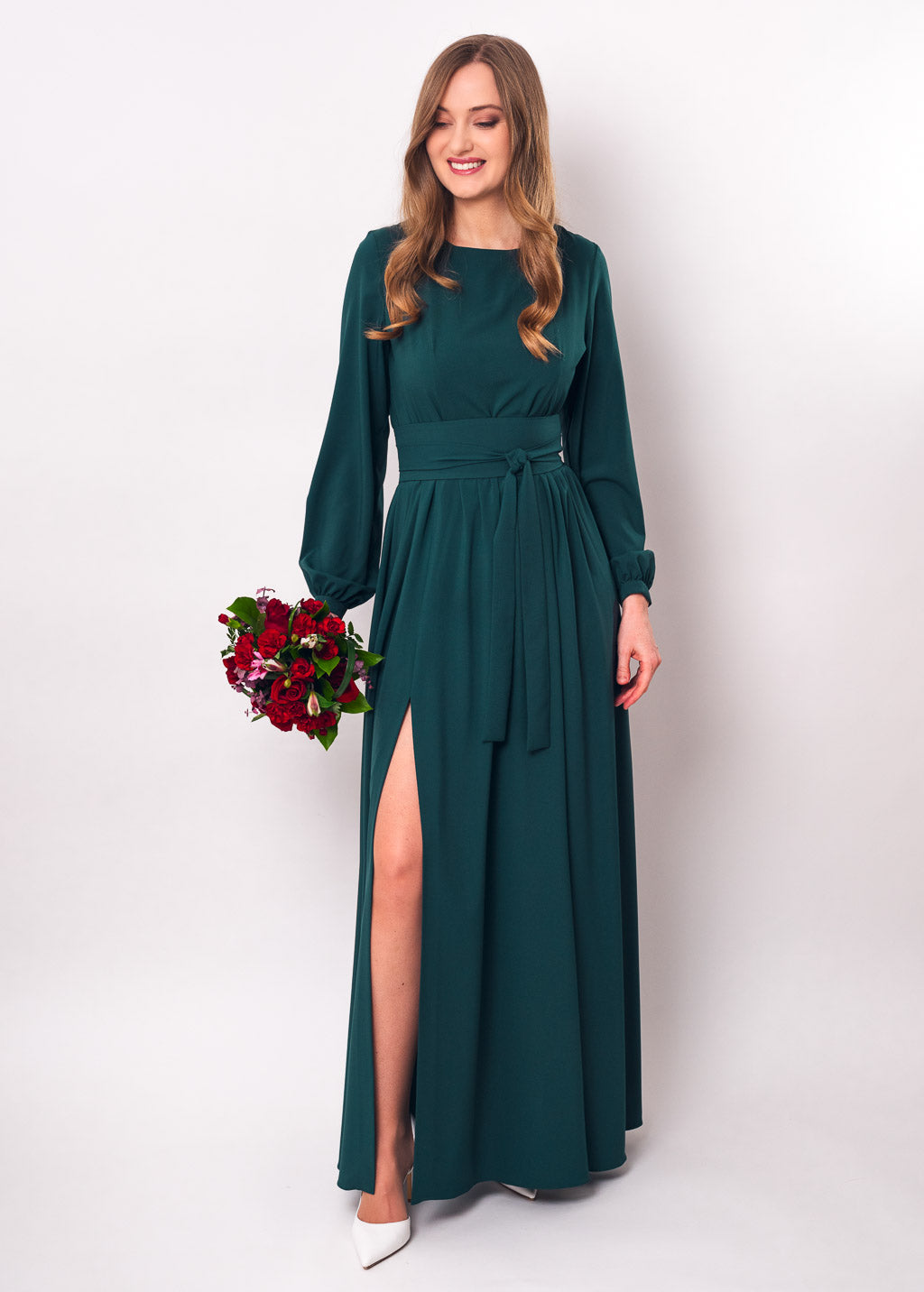 Dark green slit dress with belt