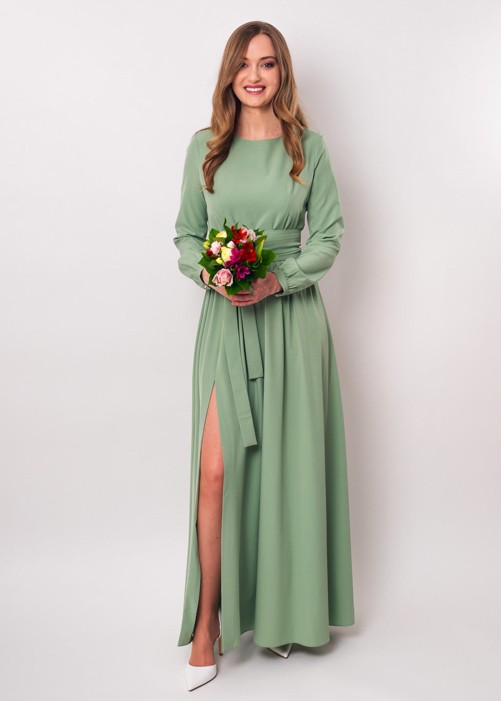 Sage green long dress with belt