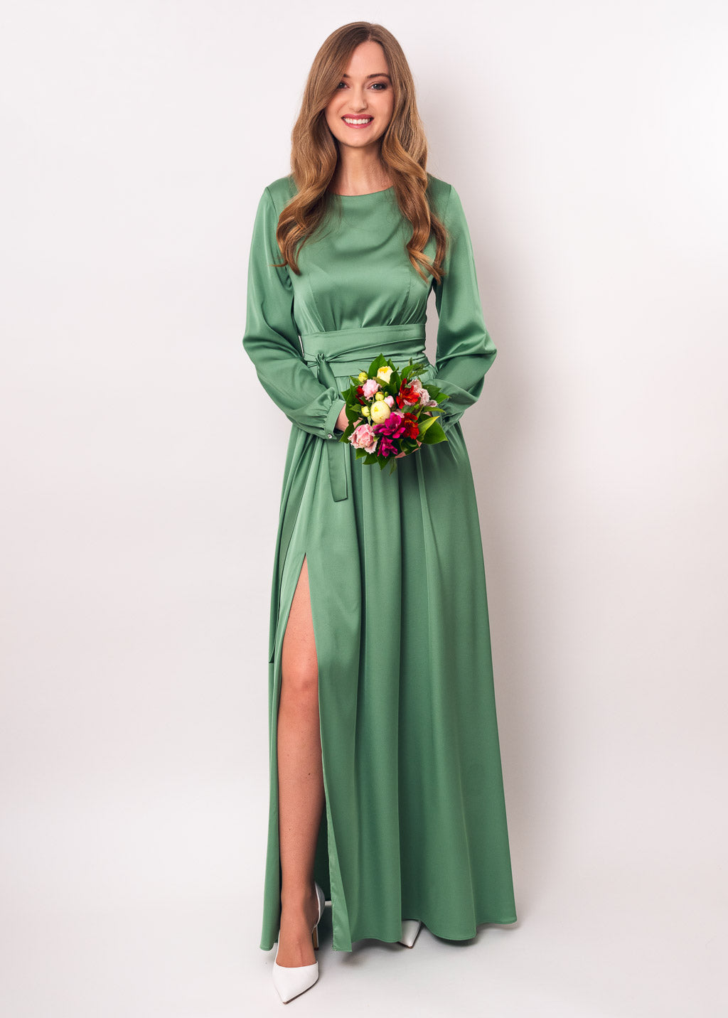 Olive green silk dress with belt, long slit dress, bridesmaid dress, wedding guest dress, maxi dress, evening dress, formal dress ENME.ME Olive green silk dress with belt, long slit dress, bridesmaid dress, wedding guest dress, maxi dress, evening dress, formal dress ENME.ME
