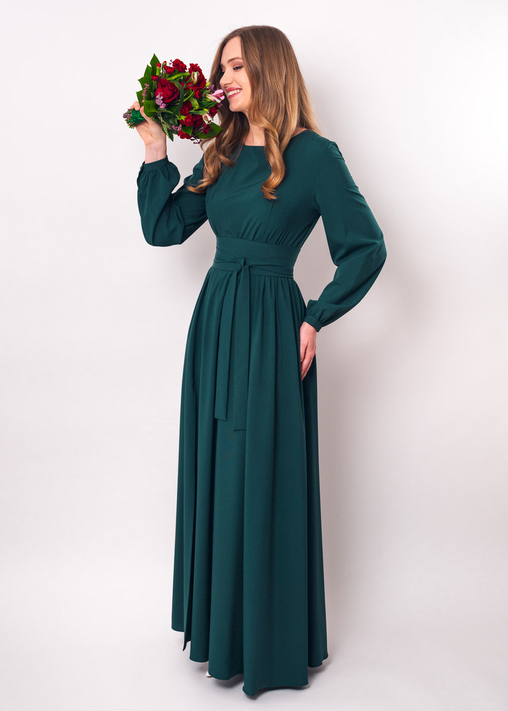 Dark green slit dress with belt