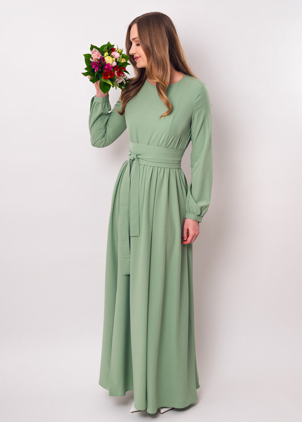 Sage green slit dress with belt