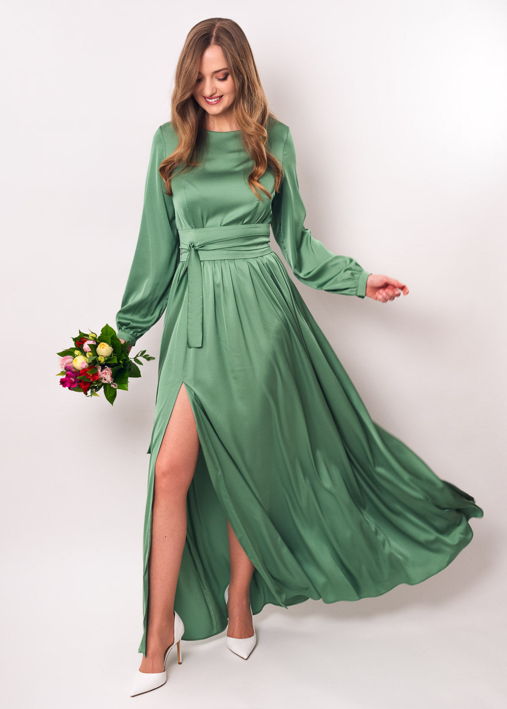Olive green slit silk dress with belt Olive green slit silk dress with belt