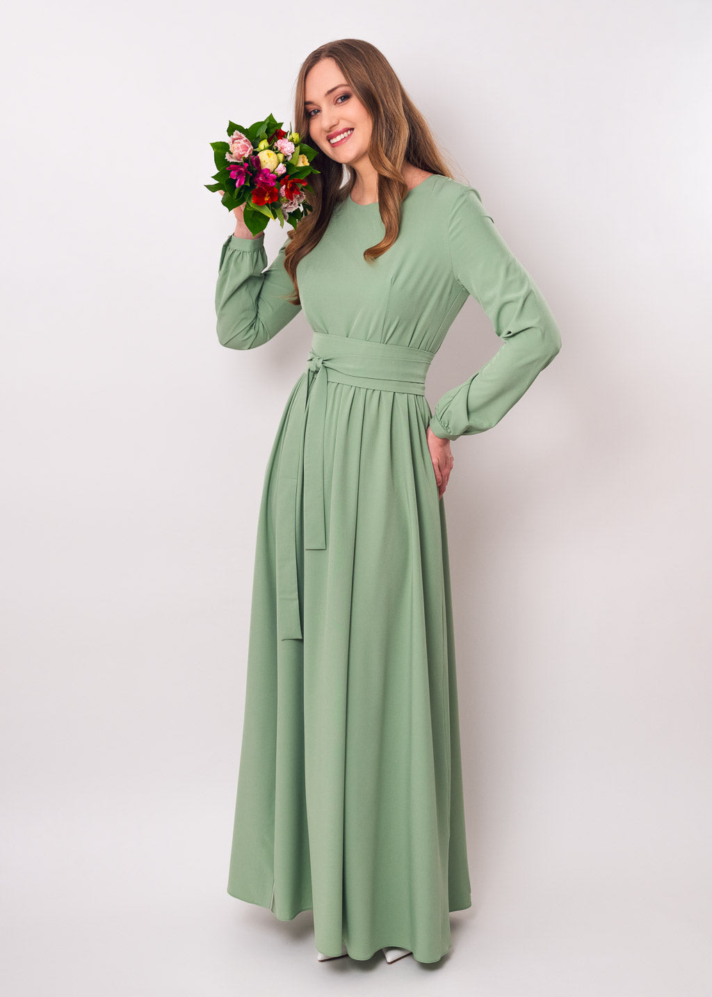 Sage green long dress with belt
