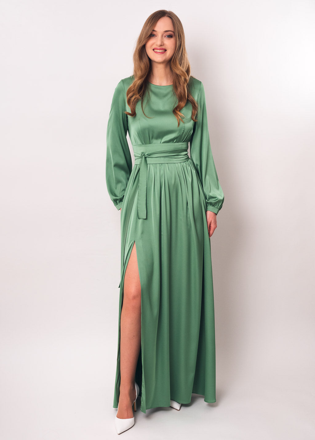Olive green silk dress with belt, long slit dress, bridesmaid dress, wedding guest dress, maxi dress, evening dress, formal dress ENME.ME Olive green silk dress with belt, long slit dress, bridesmaid dress, wedding guest dress, maxi dress, evening dress, formal dress ENME.ME