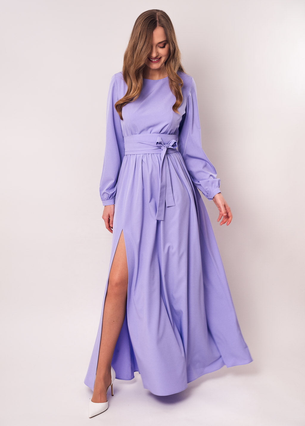 Light purple long dress with belt