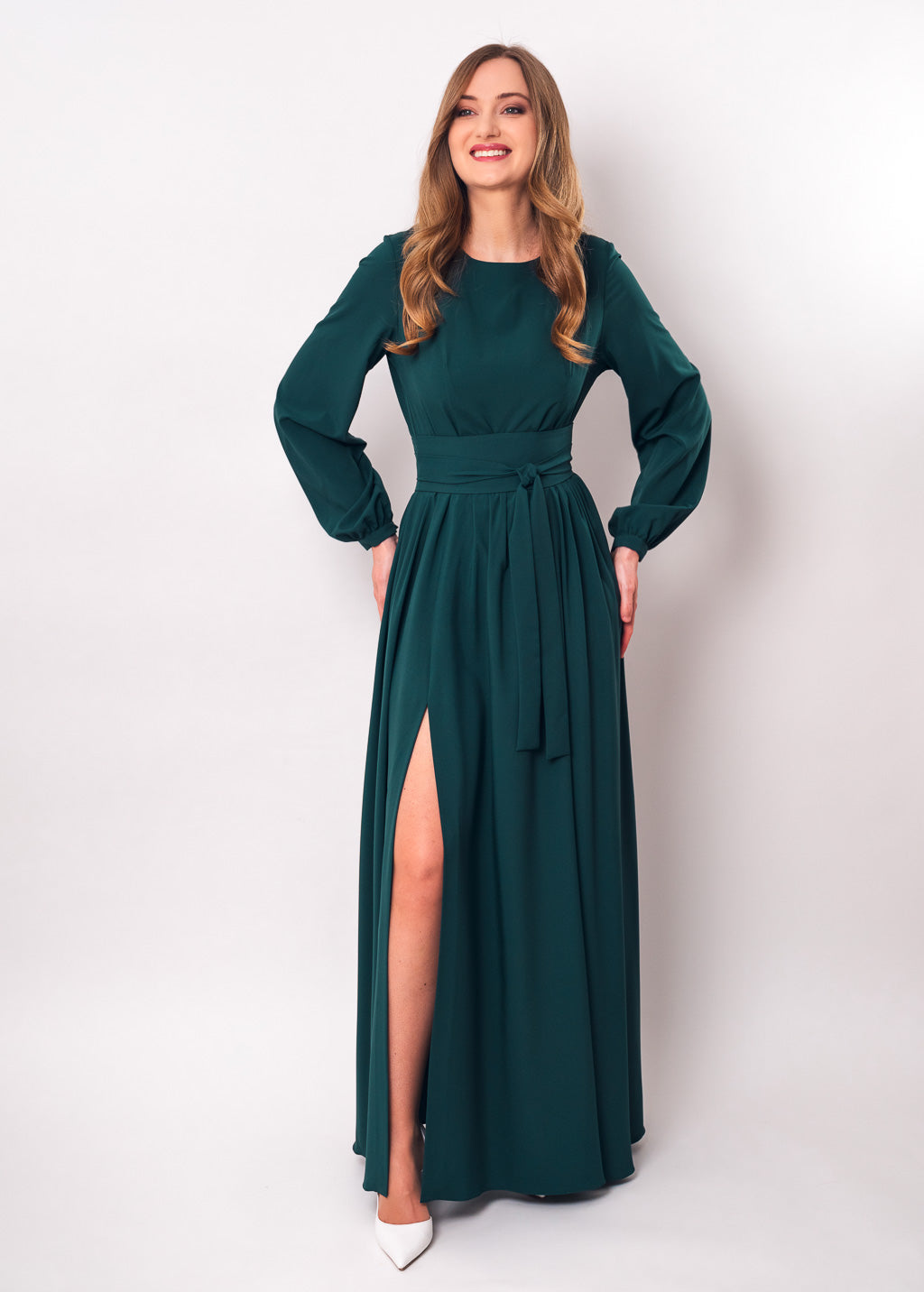 Dark green long dress with belt