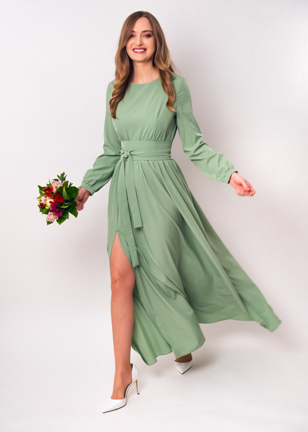 Sage green slit dress with belt
